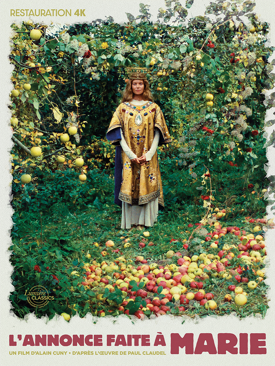Affiche l'Annonce faite à Marie Un personnage féminin, richement vêtu de vêtement religieux, dans un décor naturel fait de verdure. Au premier plan, des pommes au sol.