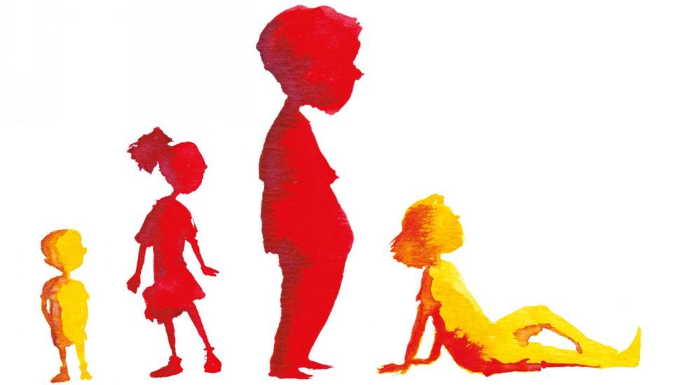 4 personnages à la silhouette enfantine, en rouge et jaune, vus de profil. Un petit garçon, une jeune fille, un autre garçon et une dernière fille allongée s'appuyant sur ses bras