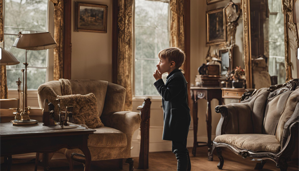 un petit garçon met ses doigts dans son nez dans un salon victoria en regardant par la fenêtre