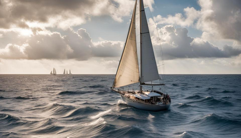 un bateau à voile navigue sans vent sur la mer. Il y a des nuages et on voit d'autres voiliers sur le fond de mer. 
