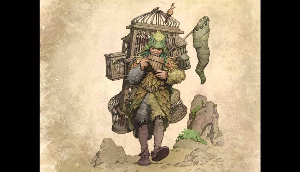 un homme transportant une grande cage en bois, souffle dans une flute de pan. il attire les oiseaux