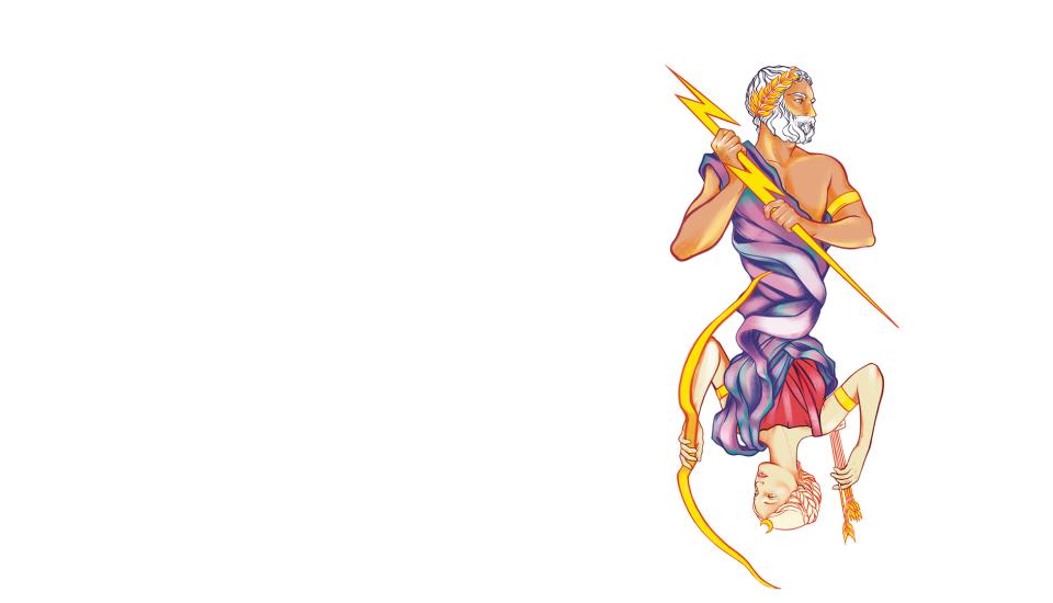 Représentation dessinée de Zeus et Diane, l'un avec un éclair, l'autre avec un arc et des flèches