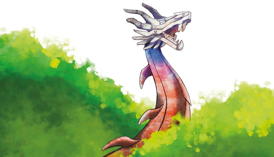 Dragon mécanique sortant d'une forêt