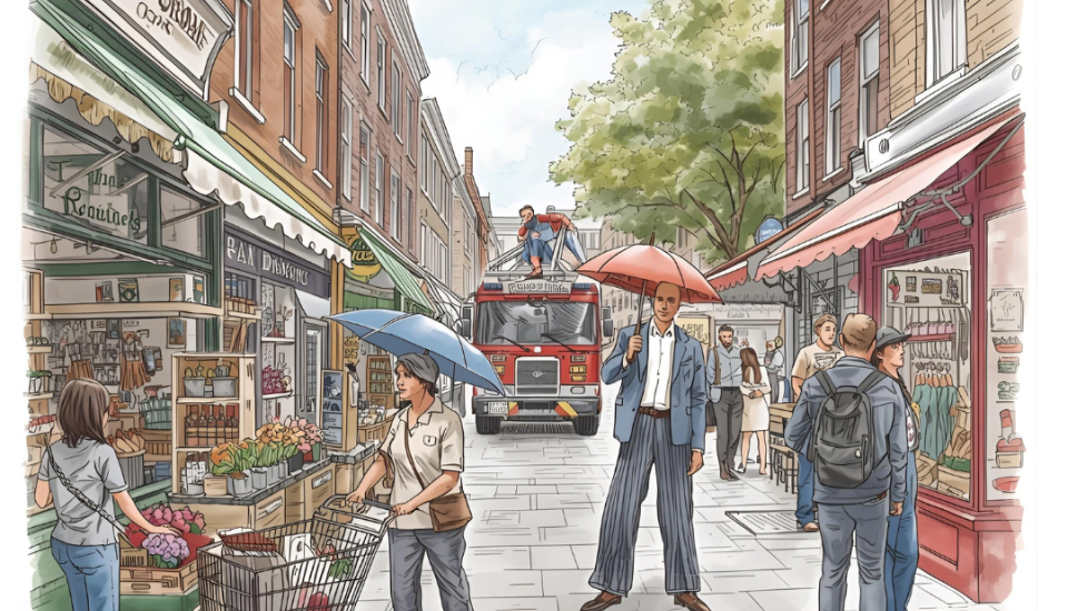 Dans La rue un dessin qui se passe dans dans la rue on voit des gens étonnants, des voisins, des commerçants, des passants, une dame qui pousse un vieux caddie, un monsieur avec son parapluie, une personne en échasses, un camion de pompier, une fleuriste qui discute avec le boucher-charcutier