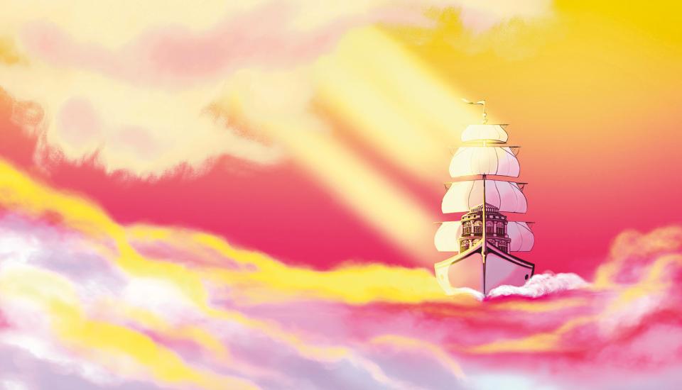 Bateau-opéra avançant dans une mer de nuages