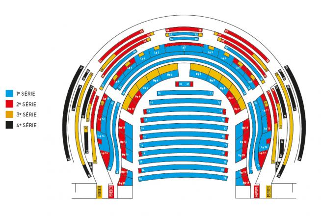 Plan de salle de l'Opéra. 1ère série : bleu. 2ème série : rouge. Troisième série : jaune. Quatrième série : noire.