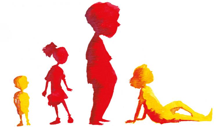 4 personnages à la silhouette enfantine, en rouge et jaune, vus de profil. Un petit garçon, une jeune fille, un autre garçon et une dernière fille allongée s'appuyant sur ses bras
