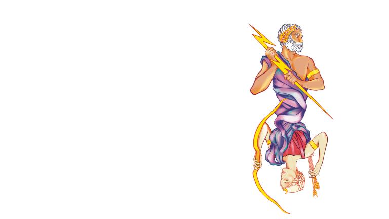 La Calisto Représentation dessinée de Zeus et Diane, l'un avec un éclair, l'autre avec un arc et des flèches